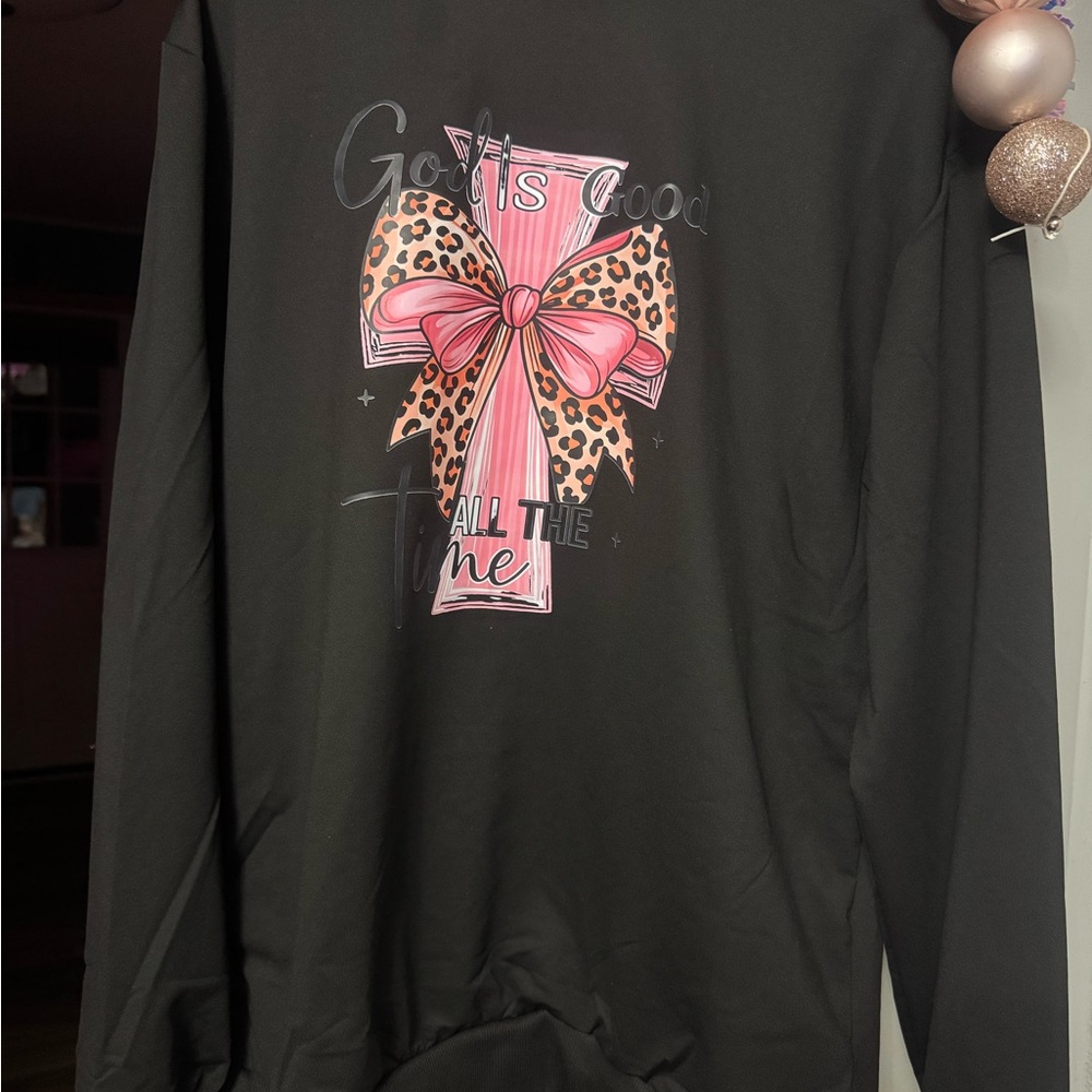Black Sweatshirt with Pink Leopard Bow Design God is Good All the Time